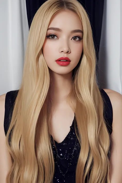 (side part, long curtain van: 1.5), glamorous stops, long sexy hair, blonde highlight hair color, glamorous makeup