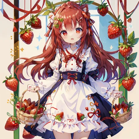 Standing Picture、full bodyesbian、cute little、​masterpiece、top-quality、Top image quality、Ichigo、Strawberry hair ornament、Basket w...