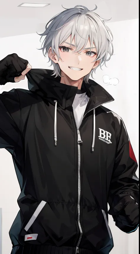 A man, gray hair and white eyes, wearing black jacket, in boxing gym, mascular, badass smile