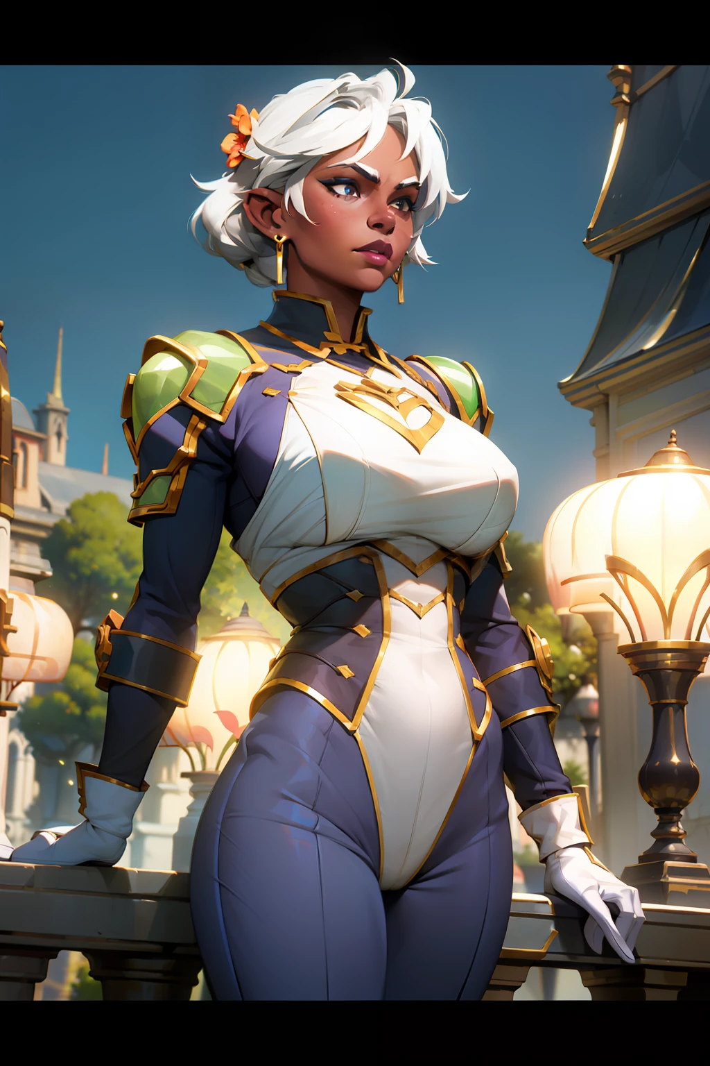 1fille, milf, (muscle),femme orc, dark skin slightly green, puffy lips, painted lips, thick lips. (silver-white hair), yeux vert, longue canines du bas, défences, musculaire, muscular body, hanches larges, thick thighs, bursting breasts, huge breasts, inverted , Sombre , Light plate armor, jardin fantasy, jardin royale, fleurs, lanternes, Royal Palace in the background