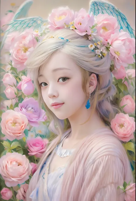 kawaii、pale pink color illustration、(angel wings、😇、a smile、😌🥰archaic smile).hyper realstic、ultra-realistic、depiction of the huma...