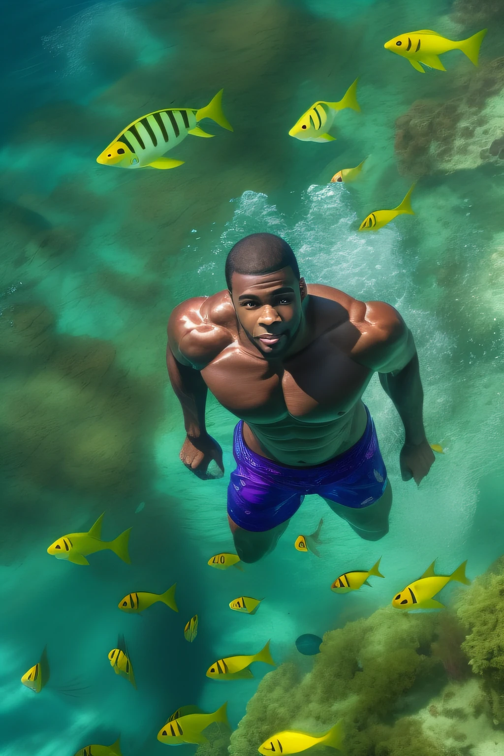 A fit handsome naked and muscular black man, bodybuilder physique, blue swim briefs, a diver swimming in a vibrant underwater setting, full body image, seen from above