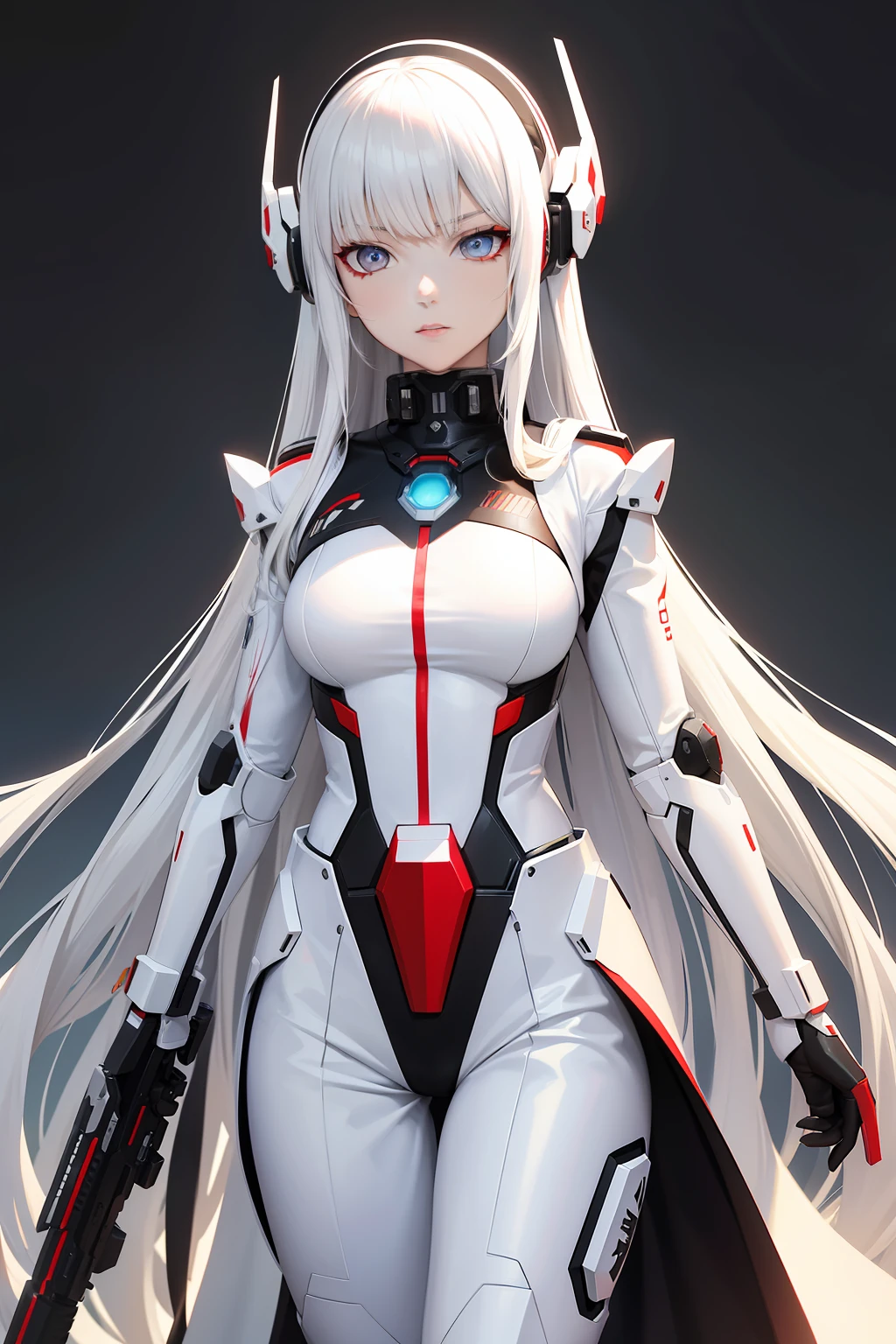 Persona diagram，Science fiction girl，Equipped with sci-fi guns，Wearing a white sci-fi costume，Has long white hair，red color eyes。Rebellious character，Bad laughs，Exudes evil，Wearing a mecha exoskeleton