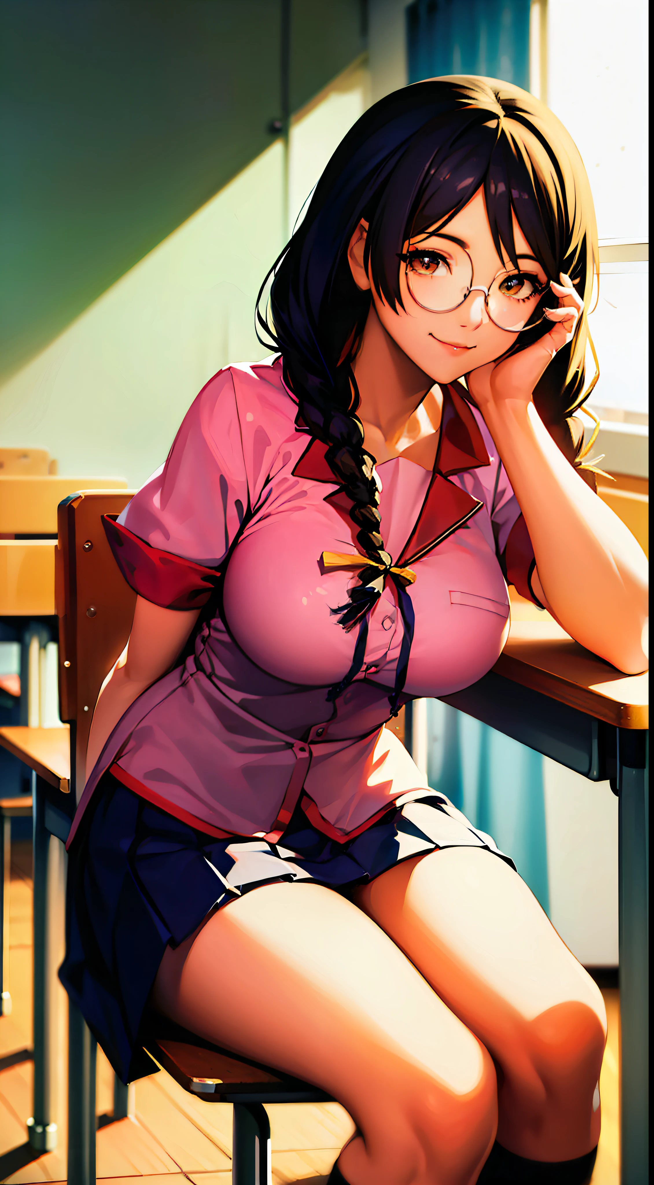 hanekawa tsubasa, ​masterpiece, top-quality, absurderes, 1girl in, looking at the viewers, sitting on, ‎Classroom,  student clothes, eye glasses, Twin braids, A smile,