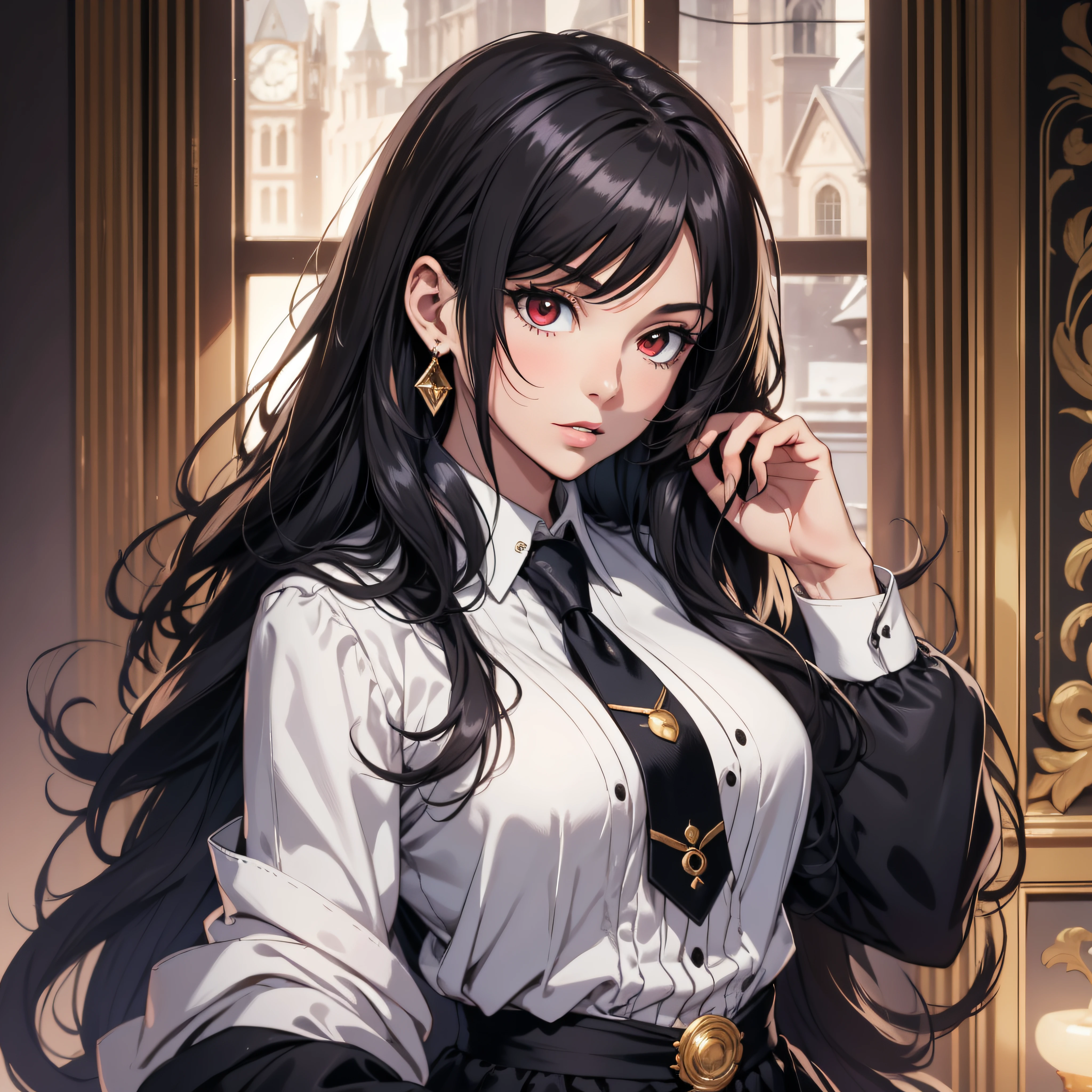 (best quality, masterpiece, ultra-detailed, extremely detailed, highres), (1girl, single, solo), 1 Anime girl, black hair, long raven hair, slightly wavy hair, parted bangs, Magus, red eyes, diamond earrings, long black coat, necktie, white shirt, black skirt, aristocrat, noble attire, beautiful, ethereal, elegant, prestigious, classic, royal building, natural lips, magic school