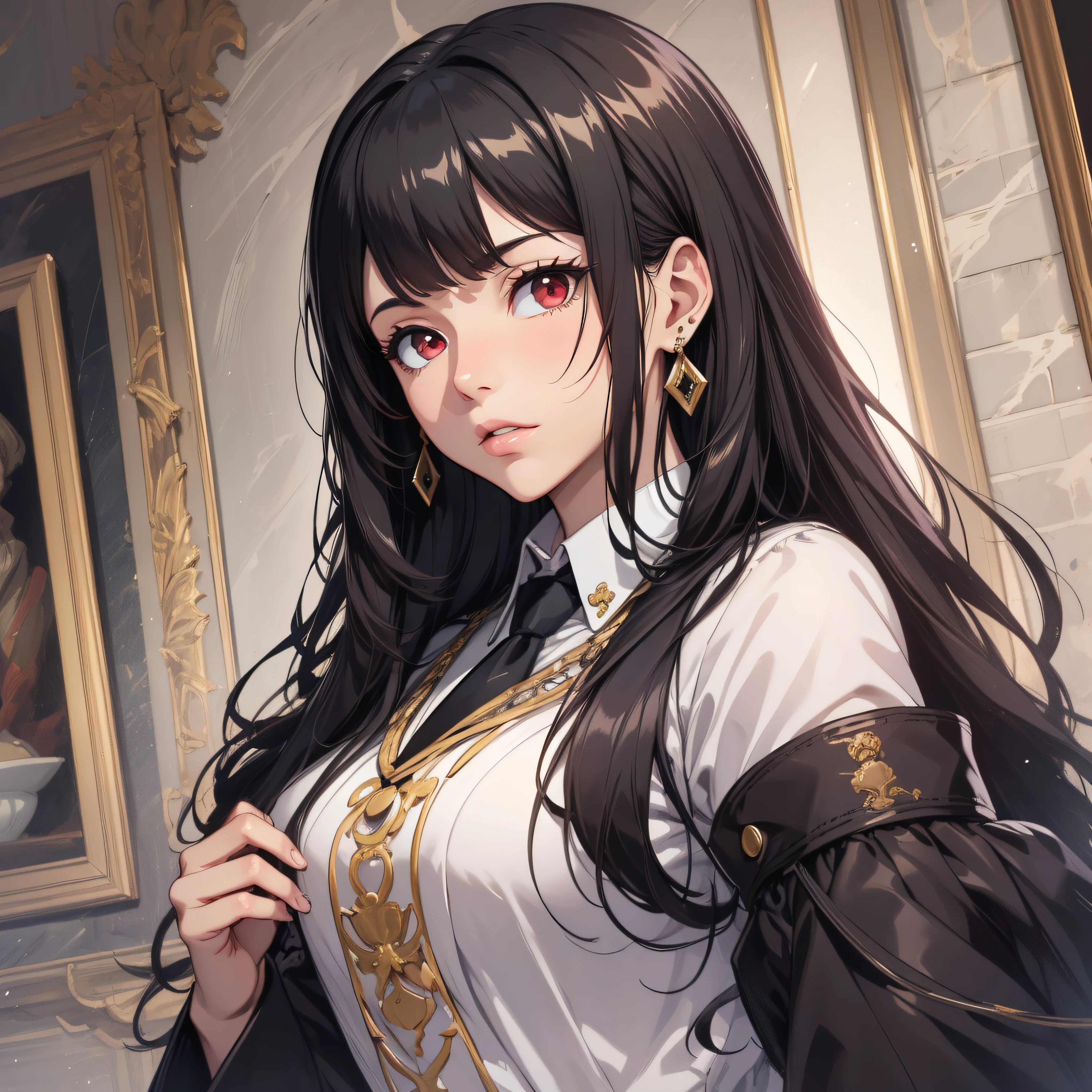 (best quality, masterpiece, ultra-detailed, extremely detailed, highres), (1girl, single, solo), 1 Anime girl, black hair, long raven hair, slightly wavy hair, parted bangs, Magus, red eyes, diamond earrings, long black coat, necktie, white shirt, black skirt, aristocrat, noble attire, beautiful, ethereal, elegant, prestigious, classic, royal building, natural lips, magic school