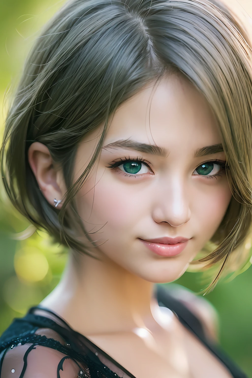 animesque、anime styled、Speciality、Moisturized eyes、Beautiful detailed eyes, (Short hair:1.2),  (8K, Best Quality, masutepiece:1.2), (Realistic, Photorealsitic:1.37), Ultra-detailed, a closeup、portraitures、1 girl, Cute, Green head hair、Solo, (nose blush),(Smile:1.15),