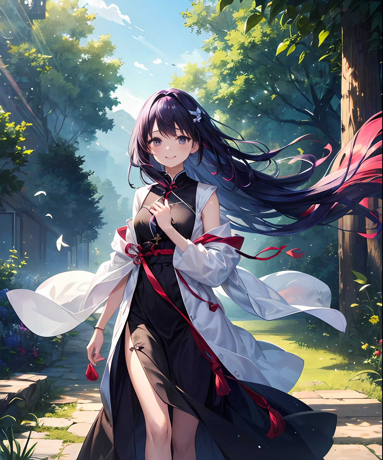 (​masterpiece、top-quality)、frontage、独奏、1girl in、lightly dressed、is standing、Hands folded behind your back、amidst nature、A smile、The long-haired、Purple hair、Hair flutters in the wind、with light glowing、Windy、Adult、