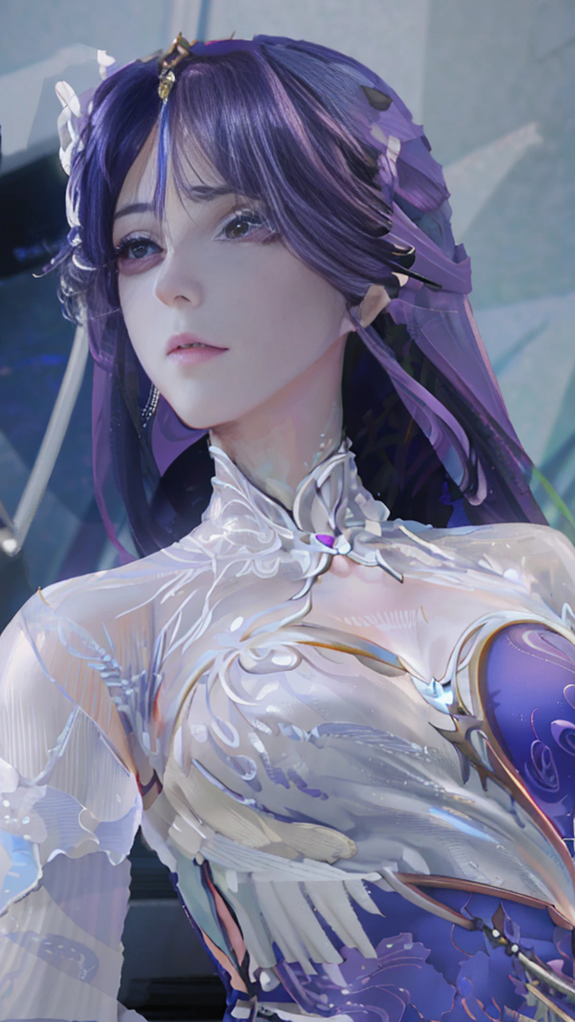 Close-up of a woman with purple hair and white dress, 8K high quality detailed art, Portrait Chevaliers du Zodiaque Fille, Smooth anime CG art, Detailed digital anime art, Art germ. High detail, 4 K detail fantasy, 2. 5 D CGI anime fantasy artwork, Fantasy art style, 3 D rendering character art 8 K