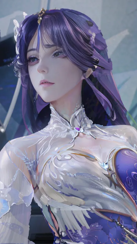 close-up of a woman with purple hair and white dress, 8k high quality detailed art, portrait chevaliers du zodiaque fille, smoot...