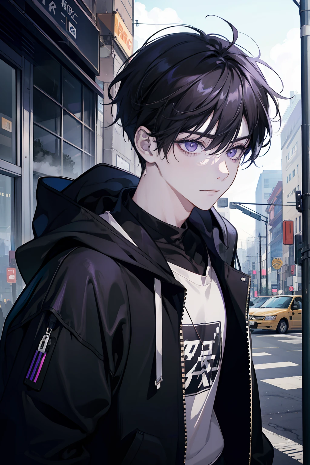 young boy, 1boy, short, bus stop, purple eyes, black hair, messy hair, bangs between eyes, best quality, day, masterpiece, colorful, black hoodie, upper body, wear headphone, looking at viewer, slight smirk, cunning, face focus, dutch angle, 4k HD