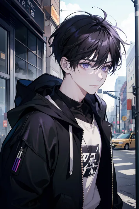 young boy, 1boy, short, bus stop, purple eyes, black hair, messy hair, bangs between eyes, best quality, day, masterpiece, color...