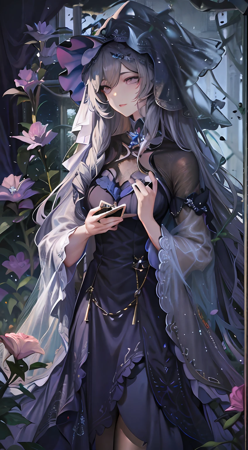 Anime girl holding cell phone in purple dress and veil, Guweiz in Pixiv ArtStation, gothic maiden anime girl, trending on artstation pixiv, Guweiz on ArtStation Pixiv, Kushatt Krenz Key Art Women, Digital art on Pixiv, From Arknights, 8K high quality detailed art，Purple eye