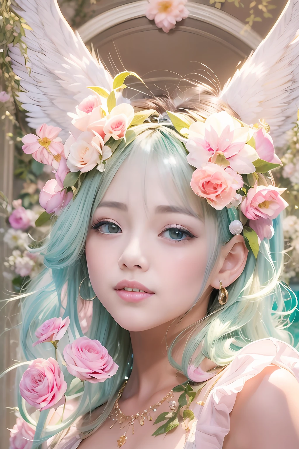 leicht braunes Haar、Intensive kristallhellblaue Augen、Ohr-Nippel-Ring、Kawaii、Blassrosa Farbillustration、(Angel wings、😇、ein Lächeln、😌🥰archaisches Lächeln).hyper realstic、ultra-realistisch、Darstellung des menschlichen Körpers ohne Verzerrung、Monna Lisa、Frau in den Armen、Nahes und fernes Recht、Dreidimensional、Zeitgenössische Malerei、modern、Weltmeisterwerk、Sammlung、Hommage an die Kunst oder das Künstlerwerk von Picasso und Renoir, Nicht sentimental、Hervorragende Darstellung、Sanfter Ausdruck、Detailliertere Charaktergesichter, Ernstzunehmende Konkurrenz、Kompositionen wie Gemälde、(Konmutsuki_bis zu_Serie 1, punk_rosette), realistisch、zarte Pinselführung、Aqua Farbe Blumen, (Ganzkörper, eleganter blumenhintergrund)