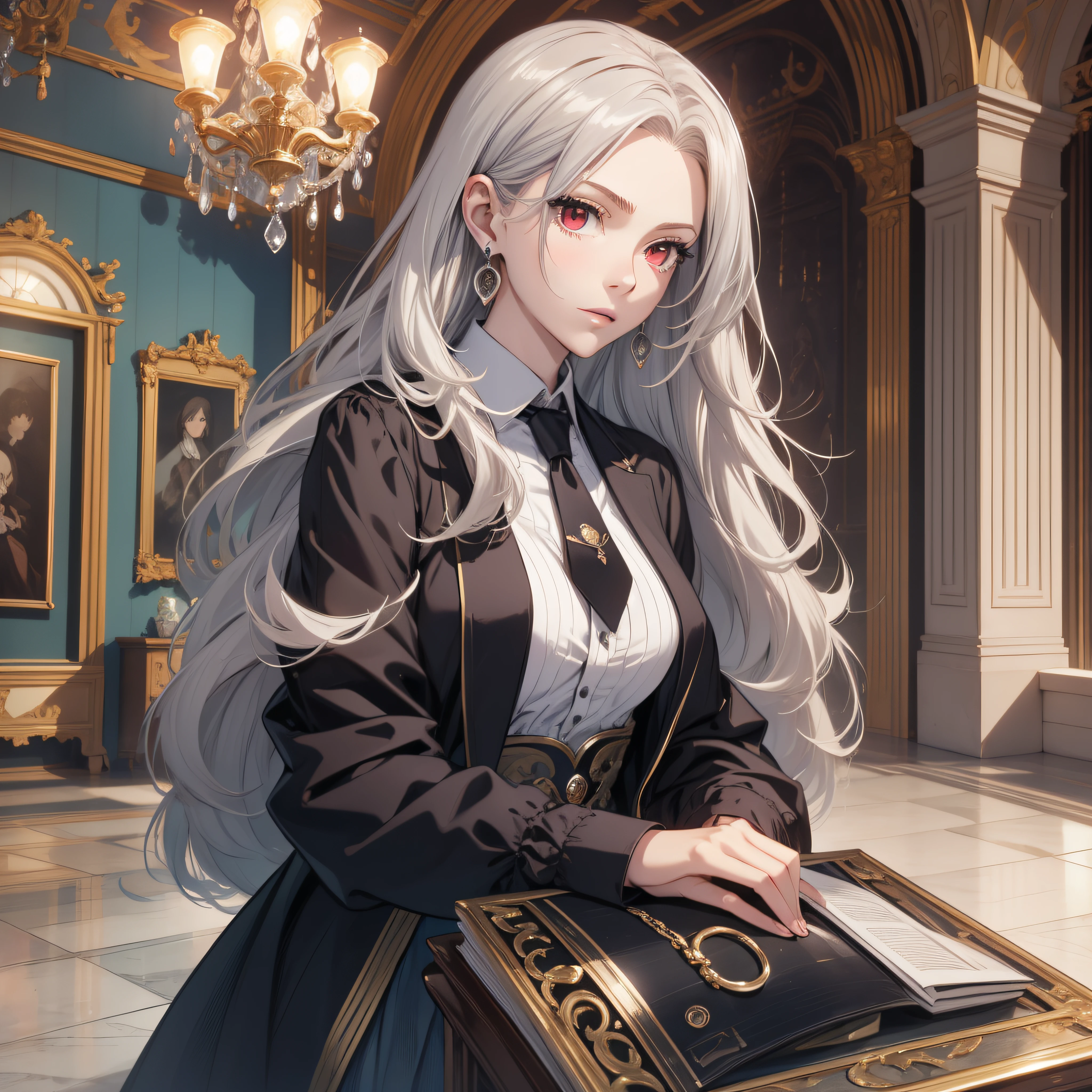 (best quality, masterpiece, ultra-detailed, extremely detailed, highres), (1girl, single, solo), 1 Anime girl, silver hair, long raven hair, slightly wavy hair, parted bangs, Magus, red eyes, diamond earrings, long black coat, necktie, white shirt, black skirt, aristocrat, noble attire, beautiful, ethereal, elegant, prestigious, classic, royal building, natural lips, magic school