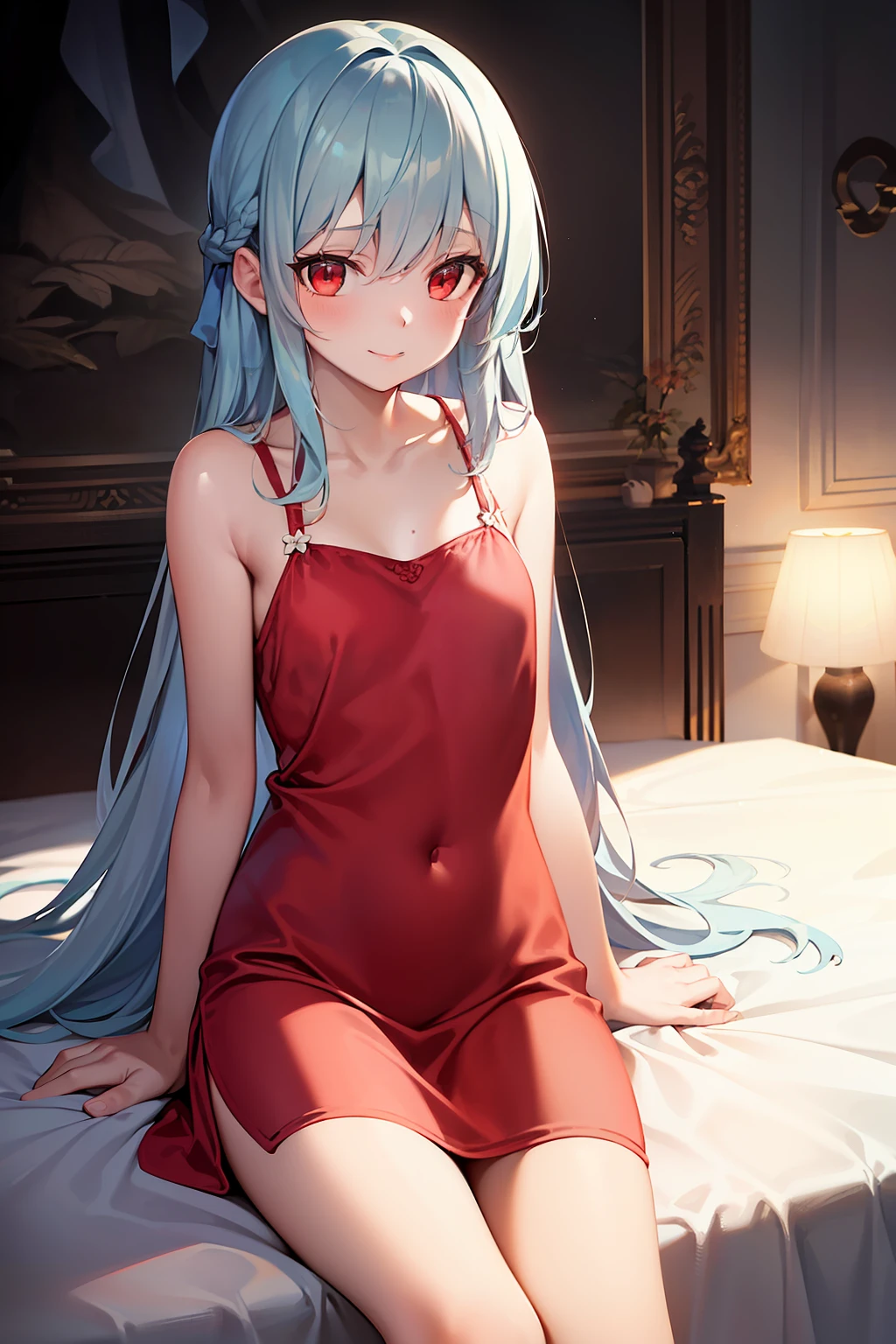 artistic photograph,A picture， Real light and shadow on a sunny day,onbed,,((Messy red silk nightdress)),1 beautiful girl,，Shy posture，Shy laugh，The upper part of the body,(((Light blue C long hair))),Red eyes,((long whitr hair))，