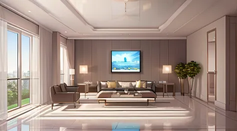 ((best qualtiy，tmasterpiece，8))，There is a TV on the bracket in the bedroom, personal room background, High quality, photorealistic room,, super realistic render vray, living room wall background, high-quality picture, 8k vray render, product introduction ...