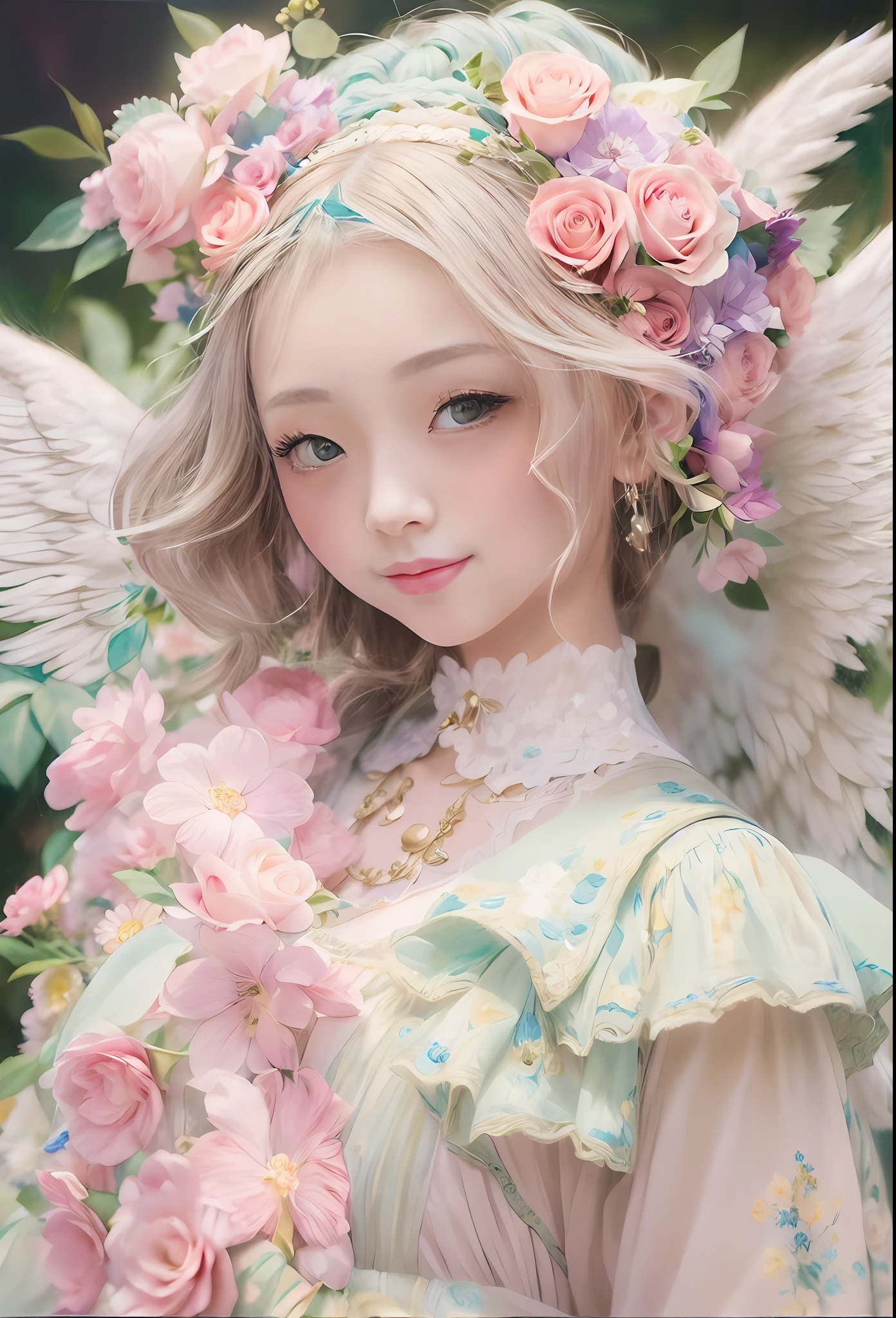 kawaii、Pale pink color illustration、(Angel wings、😇、a smile、😌🥰Archaic Smile).hyper realstic、Ultra-realistic、Depiction of the human body without distortion、Monna Lisa、Woman in the Arms、Near and far law、Three-dimensional、Contemporary painting、moderno、world masterpiece、collection、Homage to the art or artist work of Picasso and Renoir, Not sentimental、Excellent portrayal、Gentle expression、More detailed character faces, Serious competition、Compositions like paintings、(Konmutsuki_Gacha_Series 1, punk_rosette), Realistic、Delicate brushwork、aqua color flowers, (Full body, elegant flowers background)