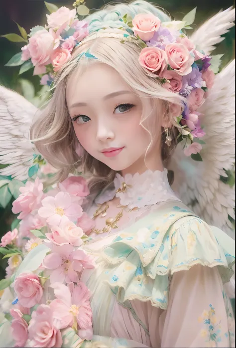 kawaii、Pale pink color illustration、(Angel wings、😇、a smile、😌🥰Archaic Smile).hyper realstic、Ultra-realistic、Depiction of the huma...