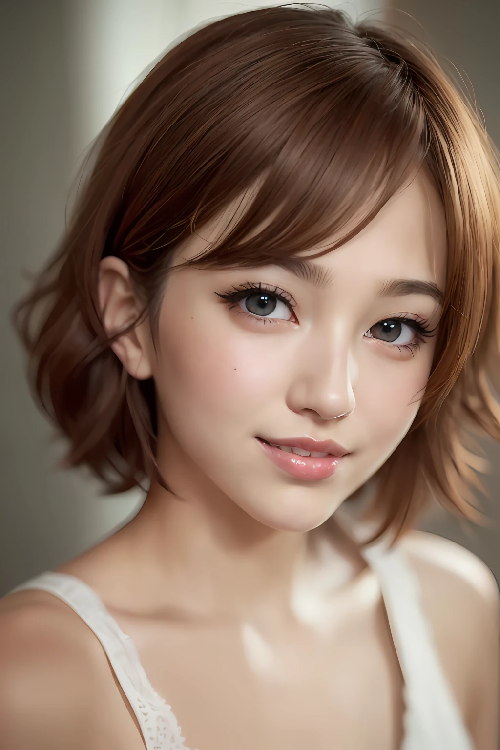 animesque、anime styled、Speciality、Moisturized eyes、Beautiful detailed eyes, (Short hair:1.2),  (8K, Best Quality, masutepiece:1.2), (Realistic, Photorealsitic:1.37), Ultra-detailed, a closeup、portraitures、1 girl, Cute, Red hair、Solo, (nose blush),(Smile:1.15),