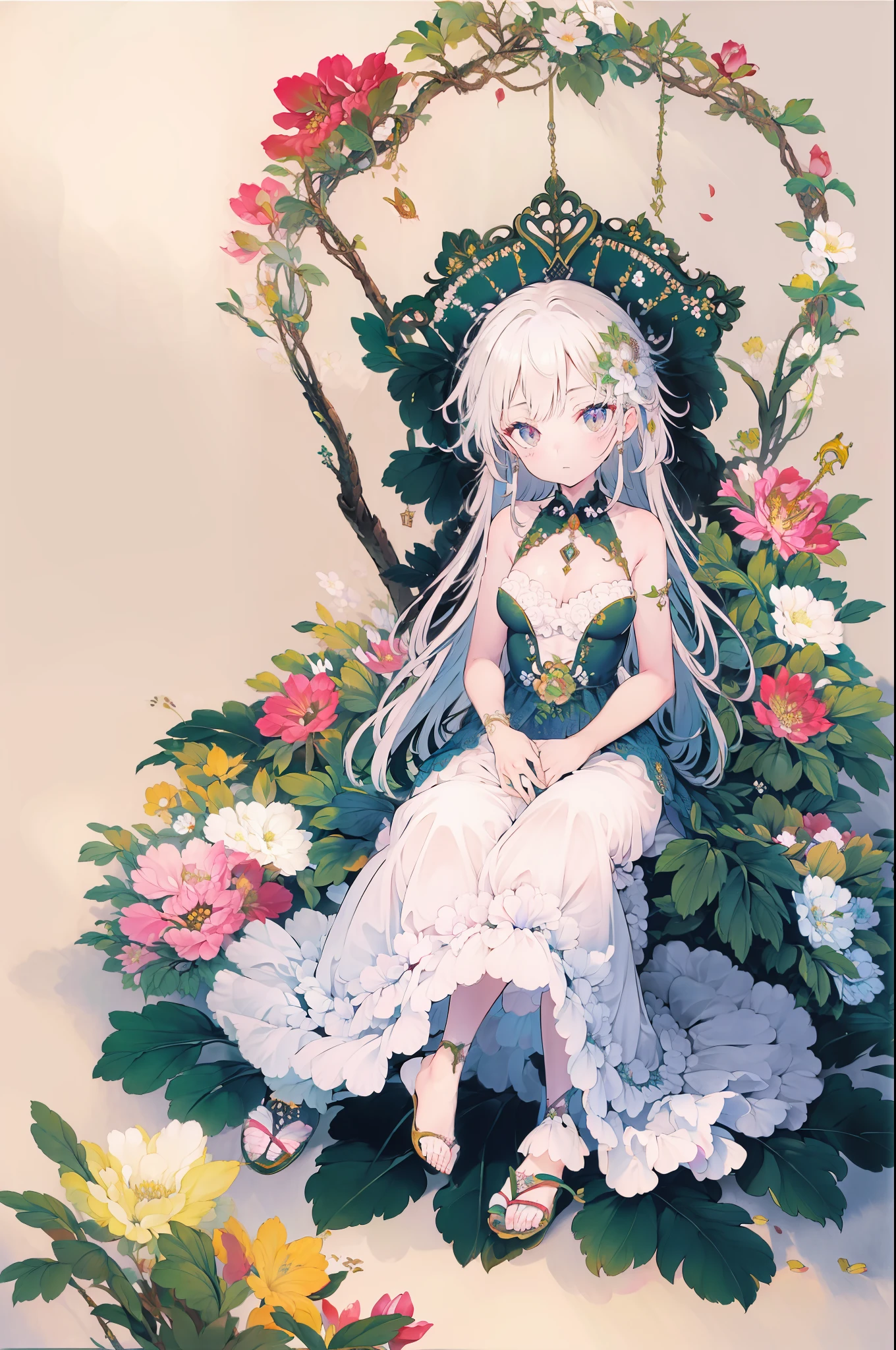 A goddess of flowers. Everything covered in flowers, Rest on his throne made of branches and plants in the middle of a spring garden.. She is extremely beautiful and her skin is clear and fine., Her eyes are innocent and sweet