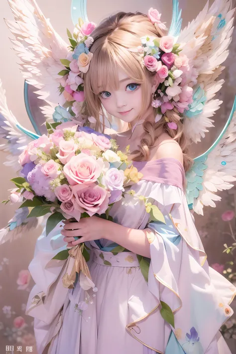 lightbrown hair、Intense crystal light blue eyes、耳Nipple Ring、kawaii、Pale pink color illustration、(Angel wings、😇、a smile、😌🥰Archai...