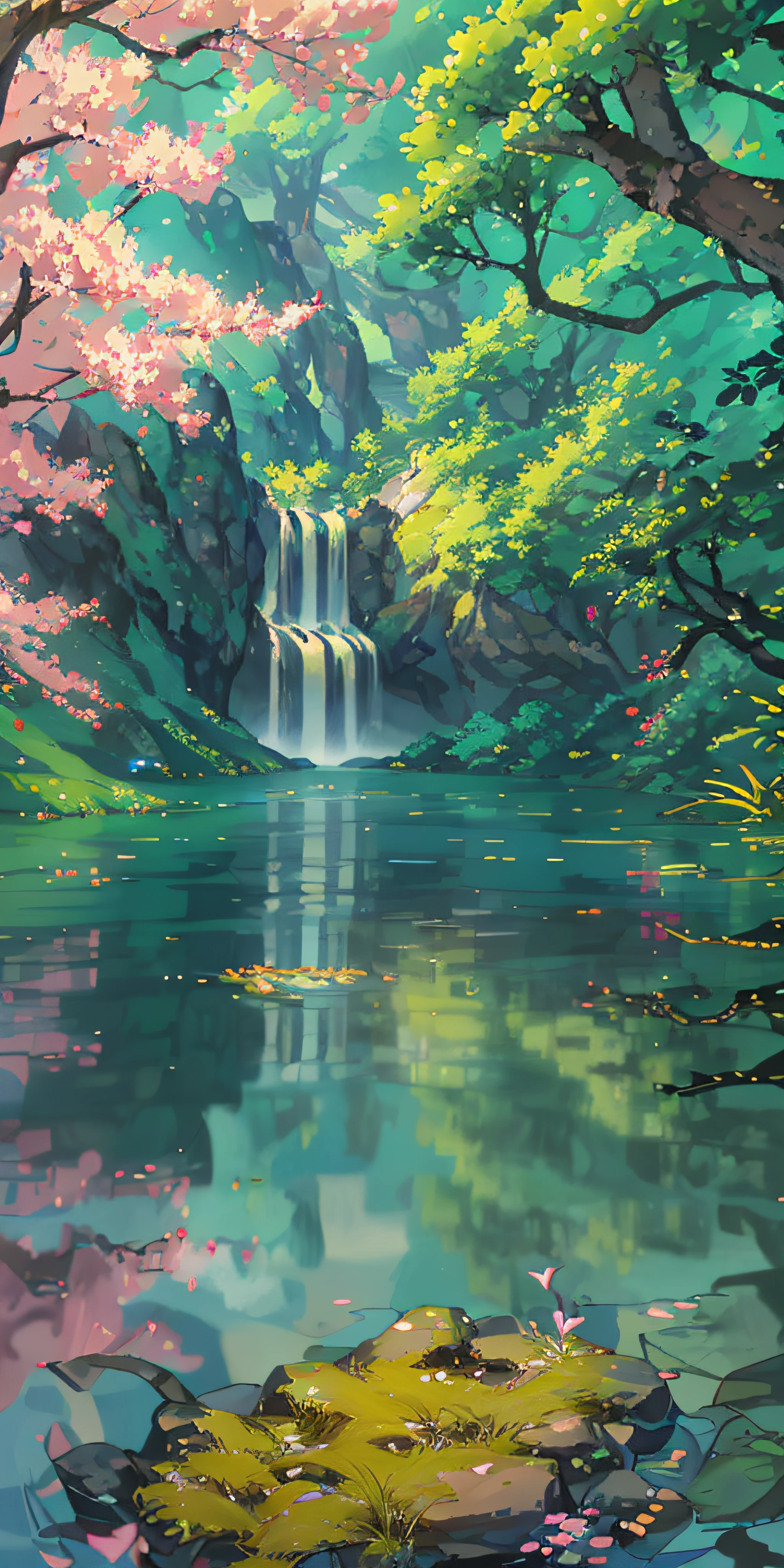 Chinese ancient times, spring, jungle, lake, cave, waterfall, tree, meadow, rock, deer, hot spring, water vapor, (illustration: 1.0), epic composition, realistic lighting, HD details, masterpiece, best quality, (very detailed CG unified 8k wallpaper)