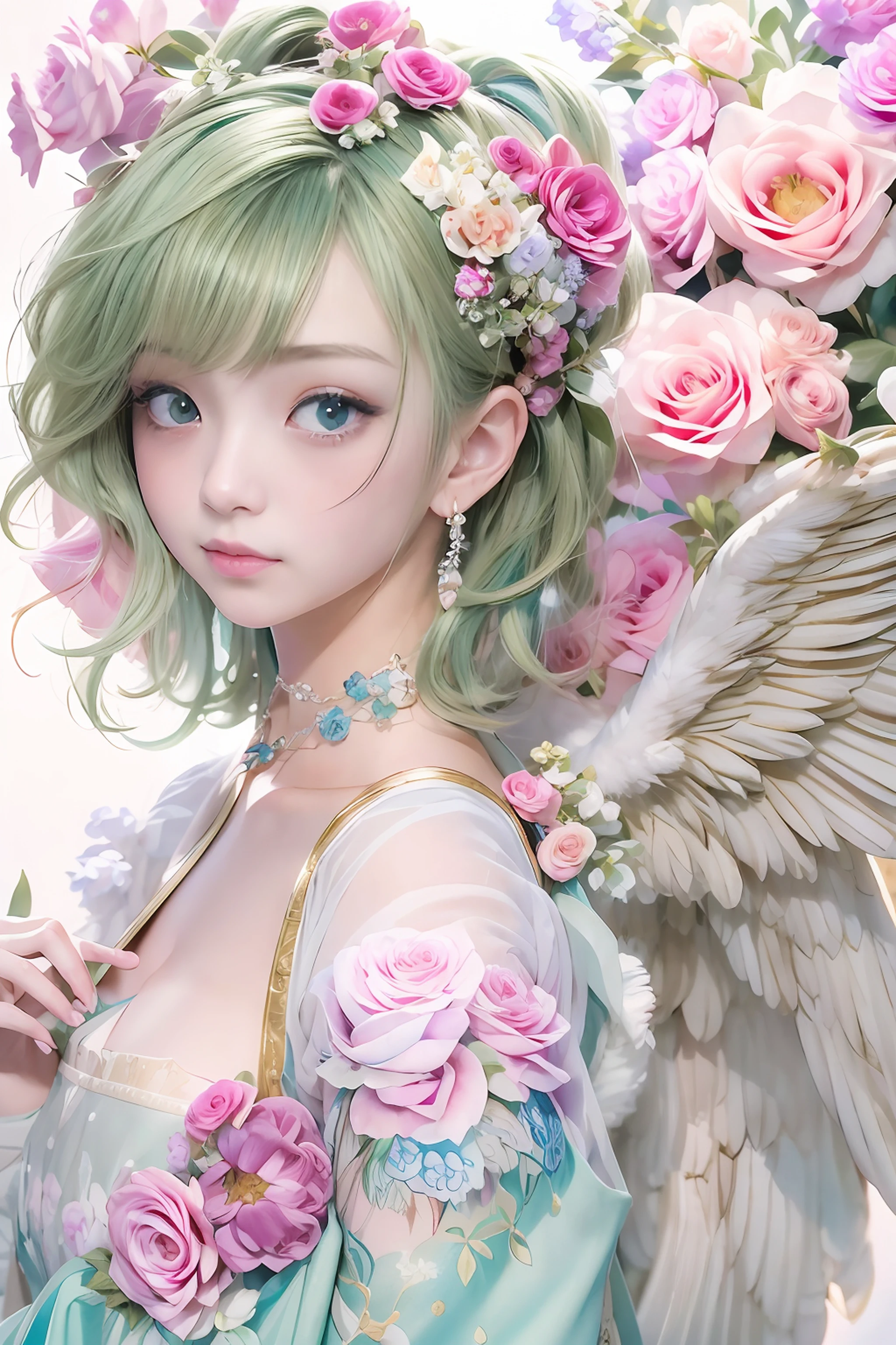 leicht braunes Haar、Intensive kristallhellblaue Augen、Ohr-Nippel-Ring、Kawaii、Blassrosa Farbillustration、(Angel wings、😇、ein Lächeln、😌🥰archaisches Lächeln).hyper realstic、ultra-realistisch、Darstellung des menschlichen Körpers ohne Verzerrung、Monna Lisa、Frau in den Armen、Nahes und fernes Recht、Dreidimensional、Zeitgenössische Malerei、modern、Weltmeisterwerk、Sammlung、Hommage an die Kunst oder das Künstlerwerk von Picasso und Renoir, Nicht sentimental、Hervorragende Darstellung、Sanfter Ausdruck、Detailliertere Charaktergesichter, Ernstzunehmende Konkurrenz、Kompositionen wie Gemälde、(Konmutsuki_bis zu_Serie 1, punk_rosette), realistisch、zarte Pinselführung、Aqua Farbe Blumen, (Ganzkörper, eleganter blumenhintergrund)