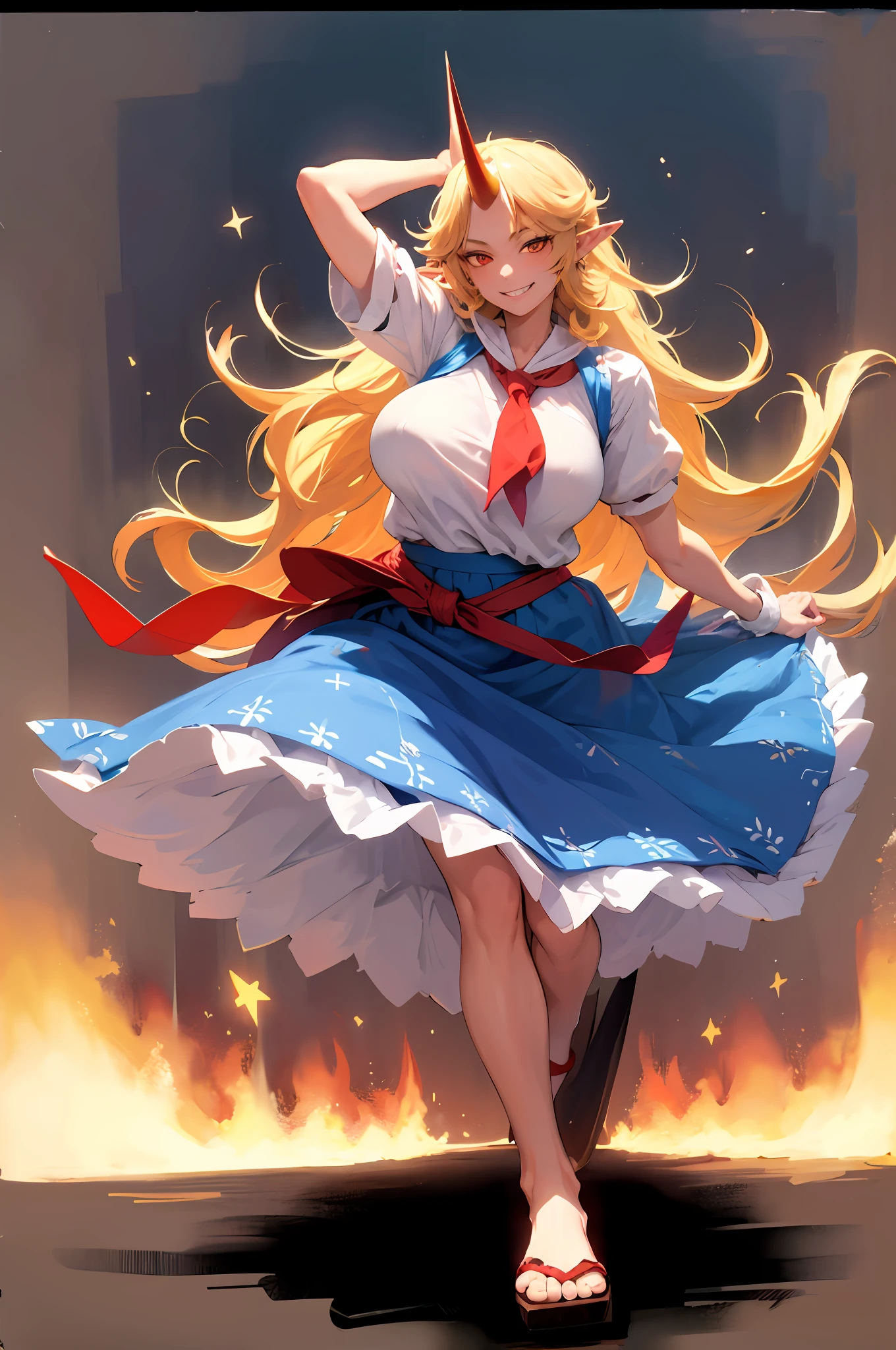 hoshiguma yuugi,1girl,single horn, pointy ears, blonde hair, long hair,yellow eyes,s ,white shirt,skirt,, muscle girl, huge breast,walking, single horn, long skirt, flip flops, sharpteeth, smile, tomboy,very long skirt, blue and red skirt, traditional germanic dress, red eyes, medieval city,full body