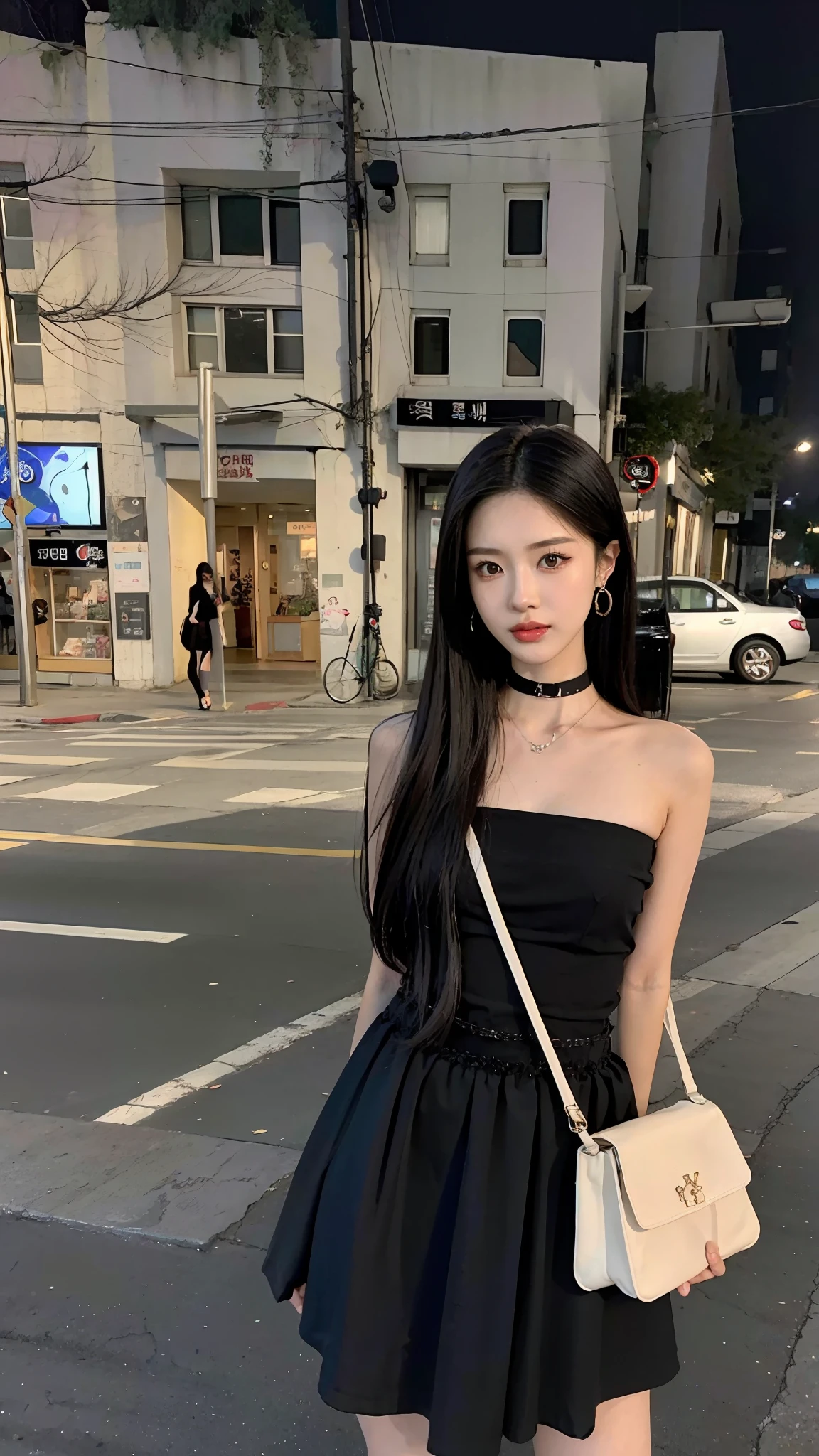 Alapi woman in black dress standing on a street corner, Bandeau dress, cruel korean goth girl, Asian girl with long hair, photo of slim girl model, full-body xianxia, photo of slim girl, jisoo from blackpink, Chinese girl, Anime girl wearing black dress, She has black hair，By bangs, wearing black camisole outfit