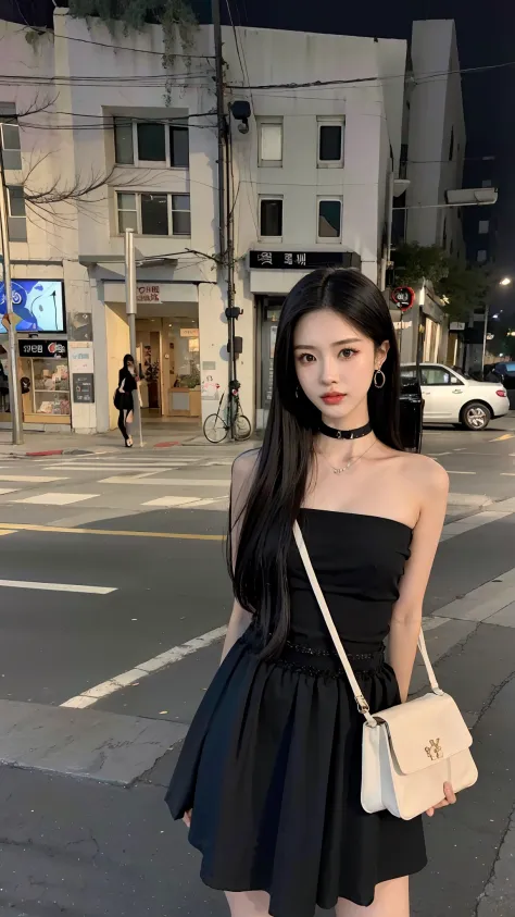 Alapi woman in black dress standing on a street corner, Bandeau dress, cruel korean goth girl, Asian girl with long hair, photo ...