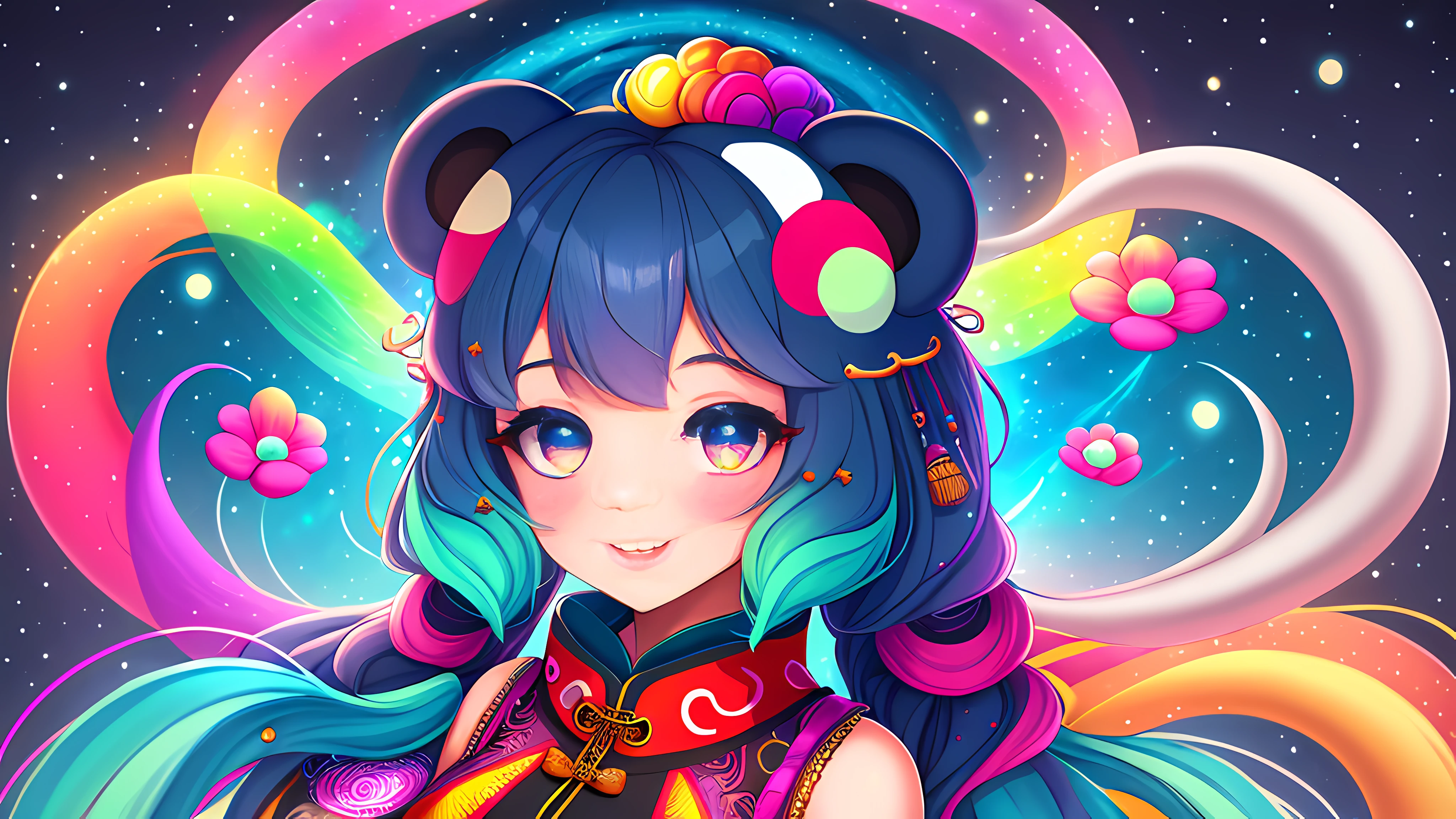 celestial, psychedelic, panda girl, (intricate details:0.9), happy