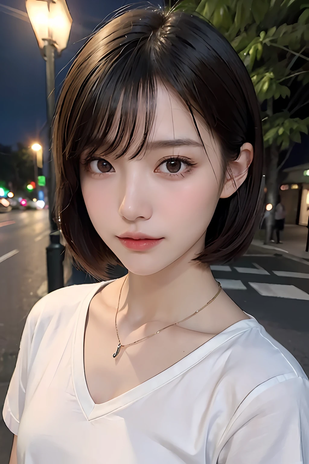 top-quality、​masterpiece、超A high resolution、(realisitic:1.4)、the panorama、portlate、Very wide lens、a closeup、Beautiful beautiful adult woman、Beautiful detail eyes and skin、ssmile、Light brown short-cut hair、Small necklace、short sleeve t shirt、Smaller bust、city street at night、Nights with few people、
