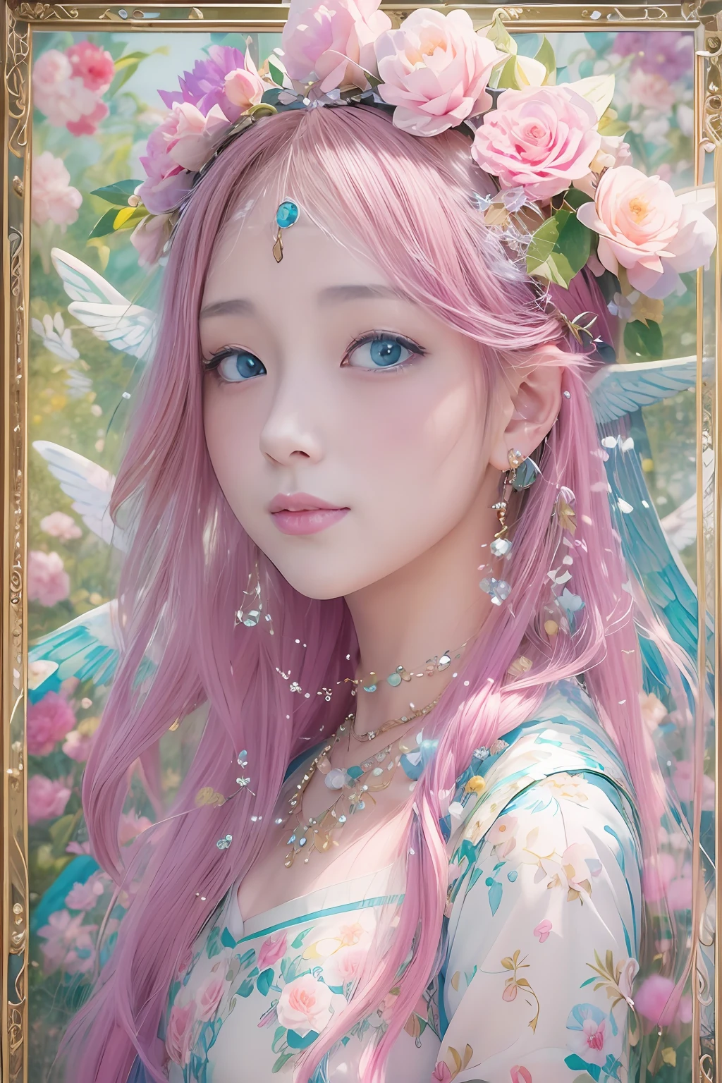 Cabello castaño claro、Intensos ojos azul claro cristalino.、Anillo de pezón de oreja、kawaii、Ilustración en color rosa pálido、(alas de angel、😇、Una sonrisa、😌🥰Sonrisa arcaica).hiperrealista、Ultrarrealista、Representación del cuerpo humano sin distorsión.、hombre lisa、Mujer en los brazos、Ley cercana y lejana、Tridimensional、Pintura contemporánea、moderno、obra maestra mundial、Recopilación、Homenaje al arte o obra del artista Picasso y Renoir., no sentimental、Excelente representación、expresión gentil、Caras de personajes más detalladas, competencia seria、Composiciones como pinturas.、(Konmutsuki_Gacha_Serie 1, punk_rosetón), Realista、pincelada delicada、flores de color aguamarina, (cuerpo completo, fondo de flores elegantes)