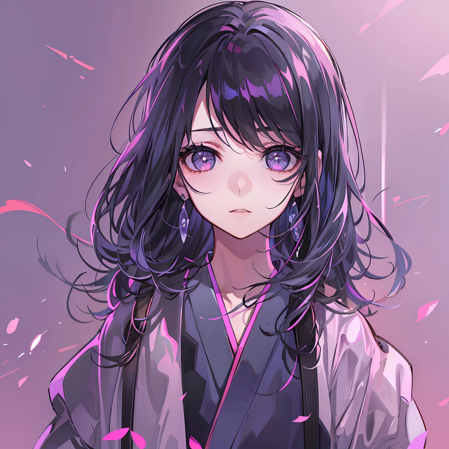 tmasterpiece，Best quality at best，one-girl，Smoky eyes，Black and purple gradient hair，Black colored eyes，Japanese manga style，Small Fresh，quadratic element