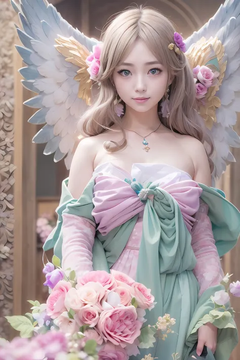 lightbrown hair、intense crystal light blue eyes、耳nipple ring、kawaii、pale pink color illustration、(angel wings、😇、a smile、😌🥰archai...