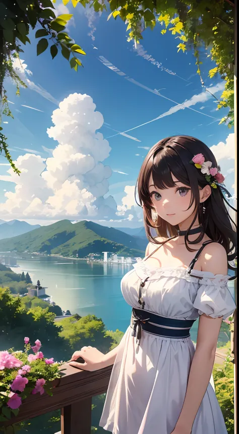 （Close-up of the painting style，8k ultra high definition，Masterpiece grade vista CG wallpaper），Beautiful skyline，Magnificent sky，美丽细致的眼睛，cute girly，Perfect slim body，shift dresses，Pure eyes，The skin is smooth like a baby，Stand on an island in the sea，Overl...