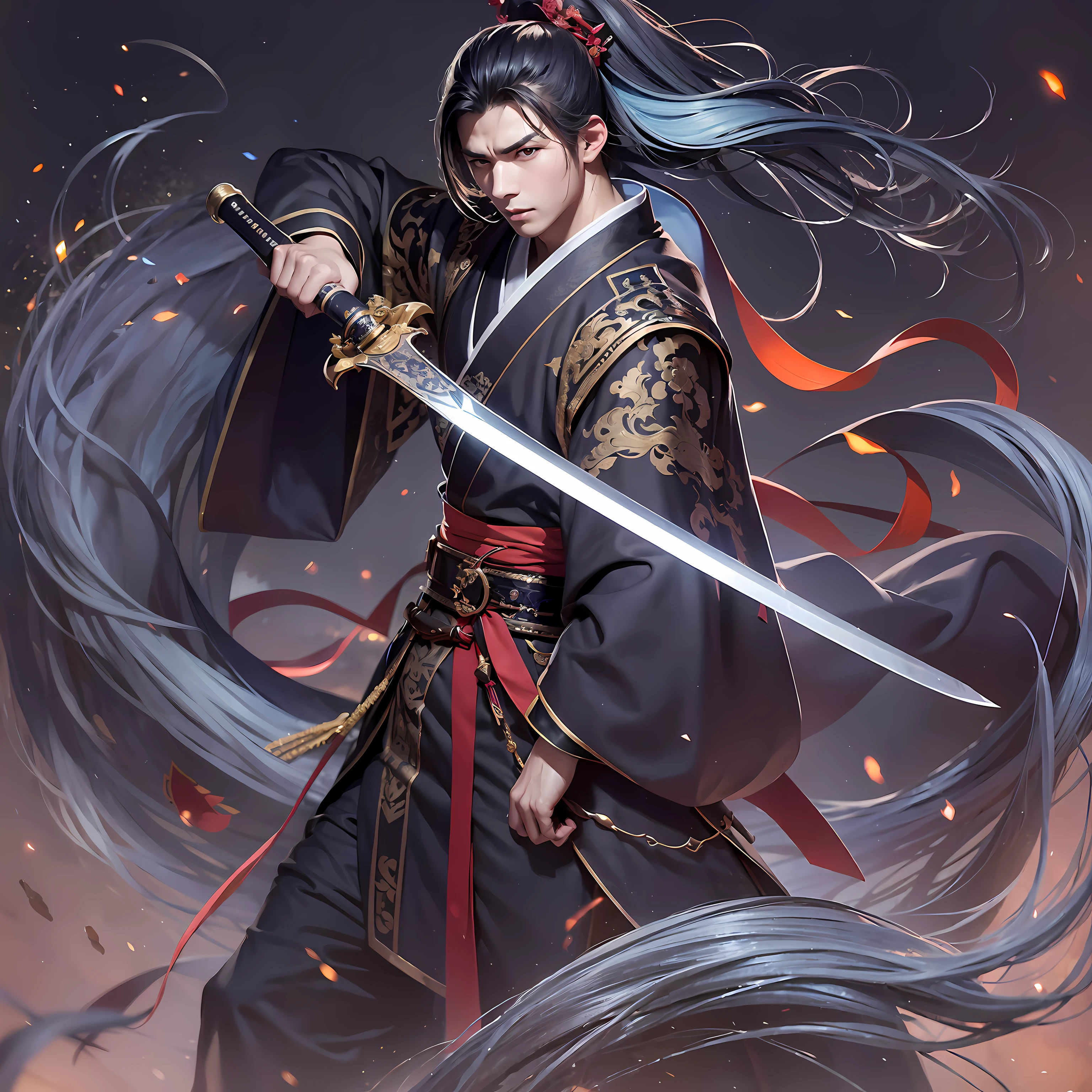 ((4K,Masterpiece,Best quality)), 1 man，Man，Very attractive man，handsome guy in demon killer art, yanjun cheng, Guviz-style artwork, Chinese-style costume，Clothing and hair accessories，Warrior Samurai，Wuxia, Hanfu, Solo, ssmile, standing on your feet,flowy，knight-errant，wine jugs，sword，Walk in righteousness，knight-errant，Wield a sword，Combat defense，martial art pose，Kung Fu Movements，Wave weapons，National style💘，Martial arts style，Hanfu elements，classical，nice hand，delicated，the detail，Texture，changing winds and clouds，Big waves，Surge forward，Flying sword surrounding，Swords，（moon full：1.2），（meteors：0.9），（Starcloud：1.3），Far Mountain，Tree BREAK Production Art，（Warm light source：1.2），（glowworm：1.2），lamp lights，Purple and orange，Complicated details，Volumetriclighting，Realism rests（tmasterpiece：1.2）（best qualtiy）， 4K，Ultra-delicate，（Dynamic configuration：1.4），High level of detail and colorful details，（Irridescent color：1.2），（luminouslighting，Atmospheric lighting），dream magical，magic，（独奏：1.2）