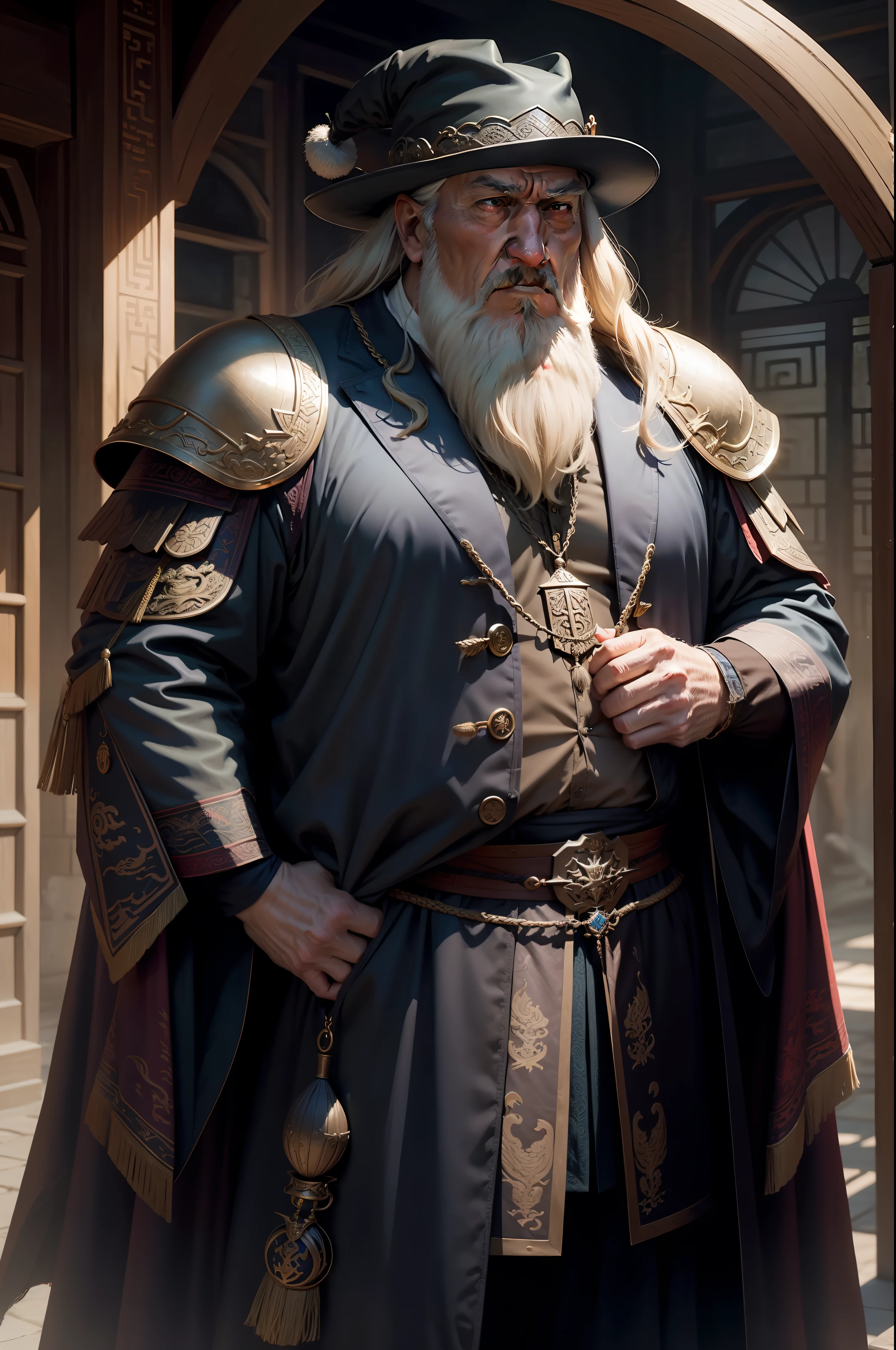 Man，dumbledore，A old man，Big chest，wearing an outfit,He wears Chinese dragon armor，Wears a crocodile head hat,muscle men