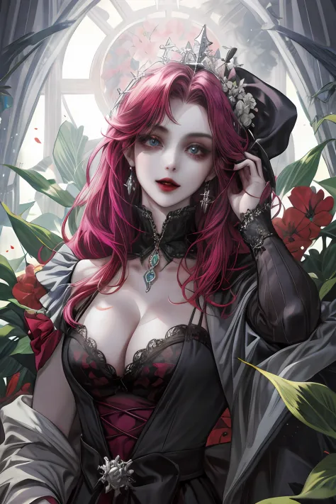 (Absurd, highres, ultra-detail),one girl , vampire, middle aged, cleavage, hot, royalty, noble, flower garden, dashing features , aesthetic ,8k.