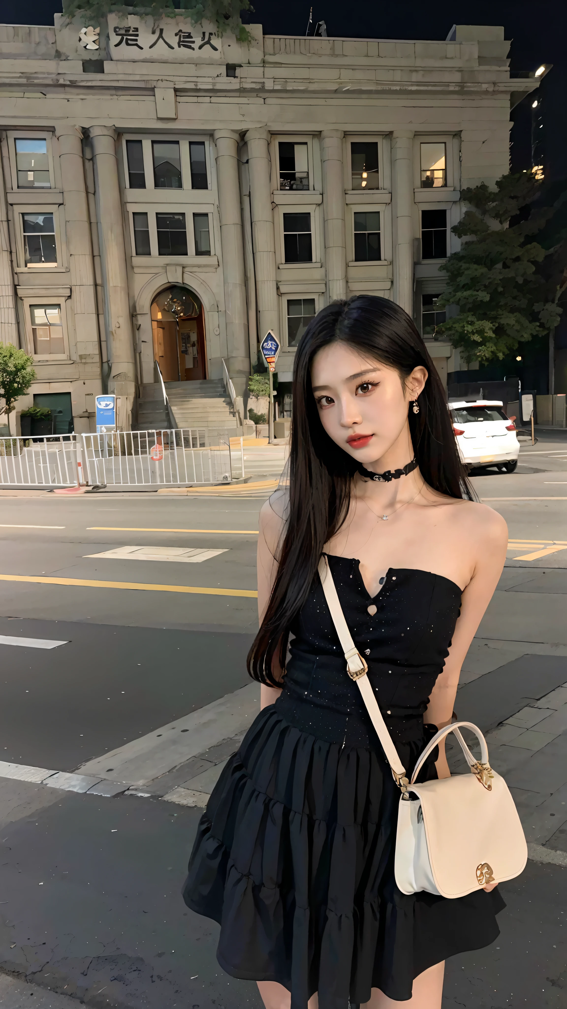 Alapi woman in black dress standing on a street corner, Bandeau dress, cruel korean goth girl, Asian girl with long hair, photo of slim girl model, full-body xianxia, photo of slim girl, jisoo from blackpink, Chinese girl, Anime girl wearing black dress, She has black hair，By bangs, wearing black camisole outfit