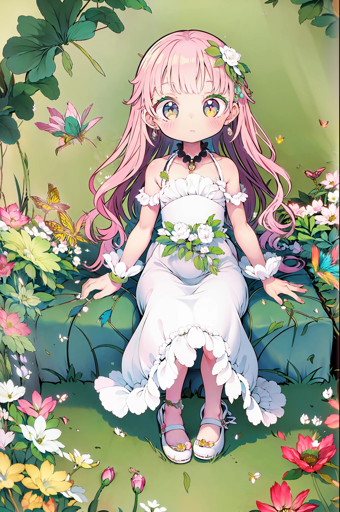 A goddess of flowers. Everything covered in flowers, Rest on his throne made of branches and plants in the middle of a spring garden.. She is extremely beautiful and her skin is clear and fine., Her eyes are innocent and sweet