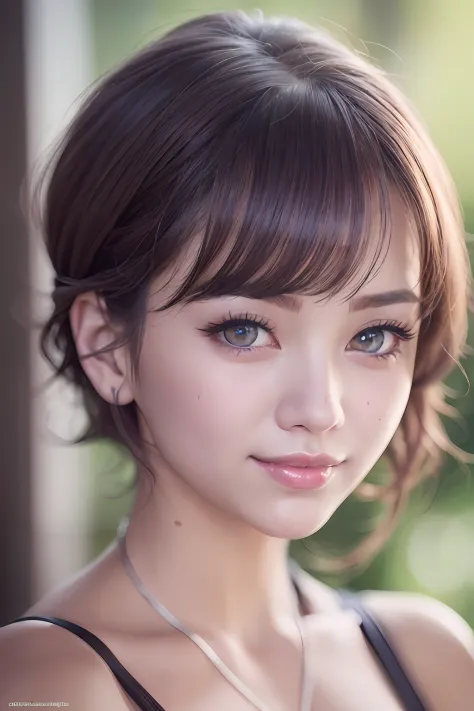 animesque、anime styled、Speciality、Moisturized eyes、Beautiful detailed eyes, (Short hair:1.2), (8K, Best Quality, masutepiece:1.2), (Realistic, Photorealsitic:1.37), Ultra-detailed, a closeup、portraitures、1 girl, Cute, purple color  hair、Solo, (nose blush),...