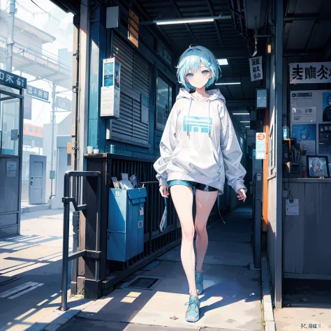 Collaboration between digital art and ink painting, 1 beauty,Light blue short hair,Smiling with colored contacts in her eyes, Full body,Walking with a thigh, Oversized Hoodies, The background is the inside of the station in summer,（独奏:1.3）