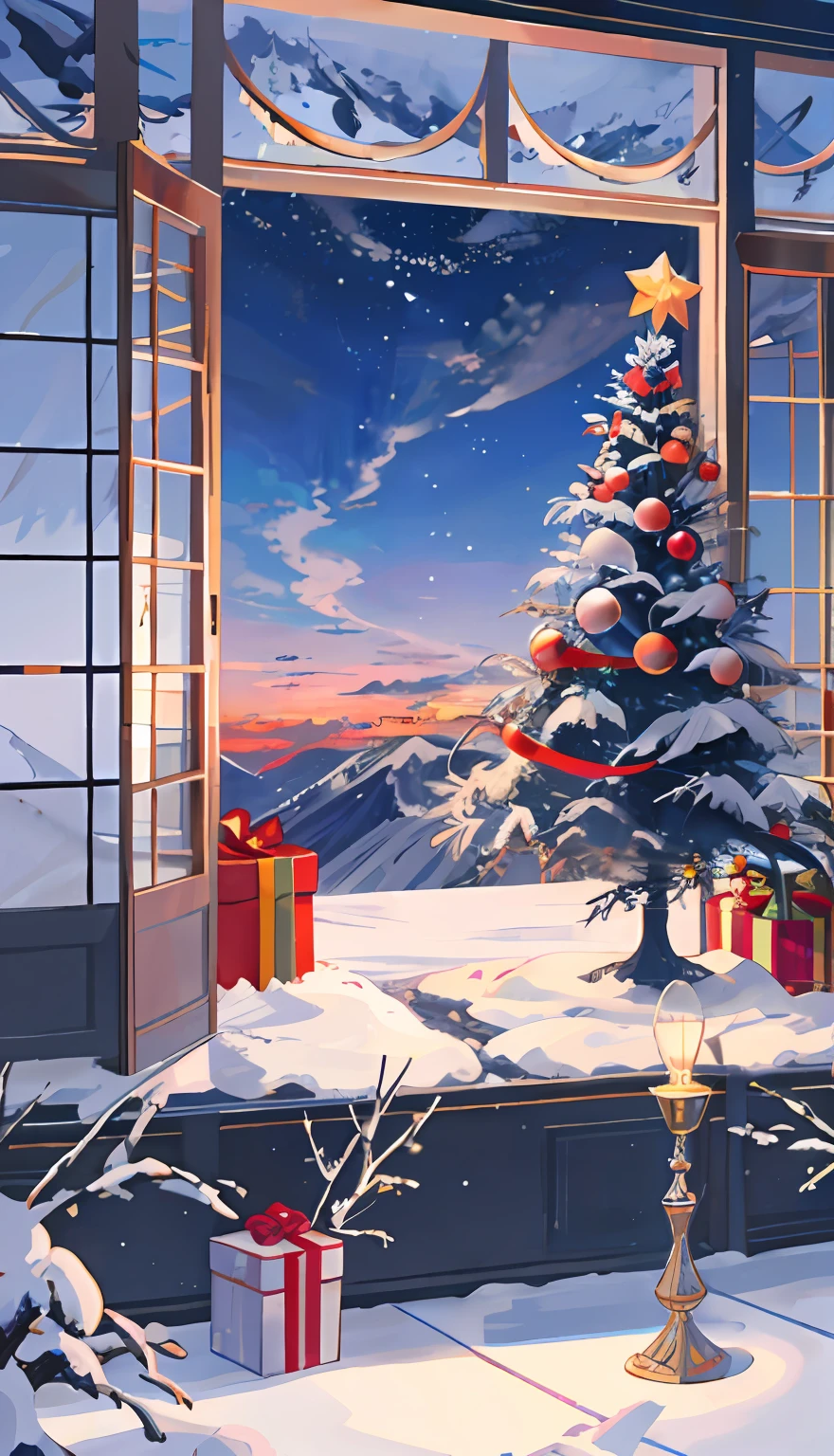 Cocktail World, No humans, landscapes, Winters, Skysky, ​​clouds, blured background,
​masterpiece、top-quality、The ultra-detailliert、Christmas、Christmas tree、France