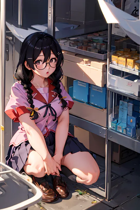 (best quality, masutepiece:1.2), ultra-detailliert, 1girl in, hanekawa tsubasa, black hair, twin braids, glasses, :o, wide open ...