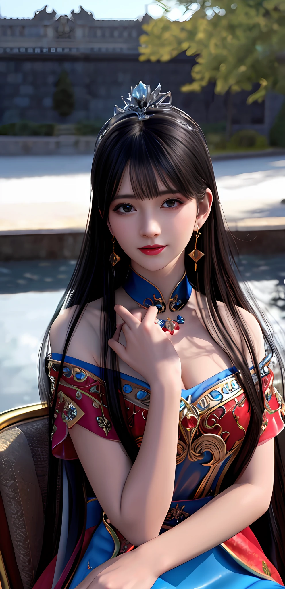 (realisticity: 1.2), best quality, 8K UHD, masterpiece, highres,cg,
1 super detailed girl, super detailed queen

, sitting on a super detailed royal throne, lud, xurious royal palace background, beautiful and detailed, super detailed long hair, wearing a beautiful and luxurious crown with diamonds and super detailed,

super detailed dress,
 solo, jewelry, super detailed red and blue dress, pretty face, beautiful, and super detailed, 

, earrings, super detailed hairdo, splashing, the upper body is very super detailed, super detailed hair bun, super detailed black hair,
lighting,candid,Photograph,high resolution,4k,8k,Bokeh,