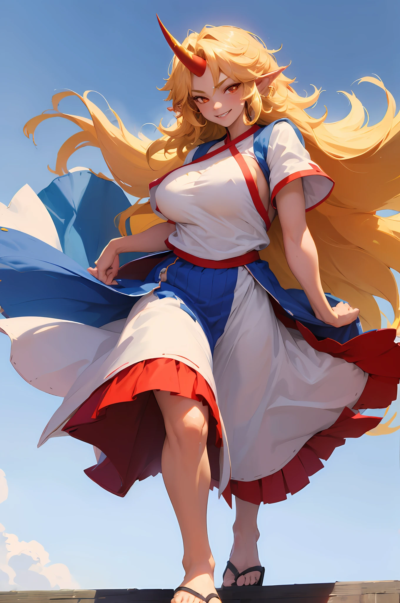 hoshiguma yuugi,1girl,single horn, pointy ears, blonde hair, long hair,yellow eyes,s ,white shirt,skirt,, muscle girl, huge breast,walking, single horn, long skirt, flip flops, sharpteeth, smile, tomboy,very long skirt, blue and red skirt, traditional germanic dress, red eyes, medieval city,full body