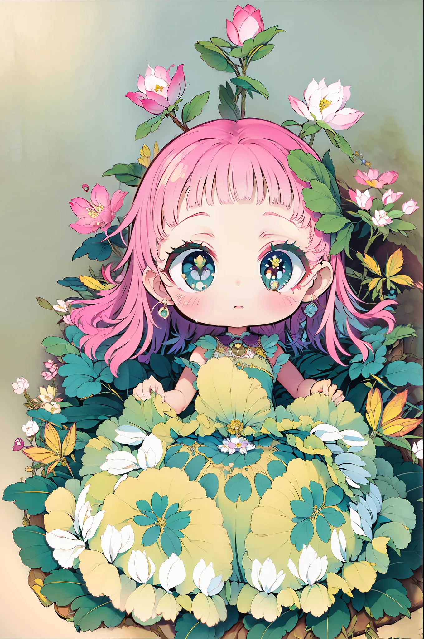 A goddess of flowers. Everything covered in flowers, Rest on his throne made of branches and plants in the middle of a spring garden.. She is extremely beautiful and her skin is clear and fine., Her eyes are innocent and sweet