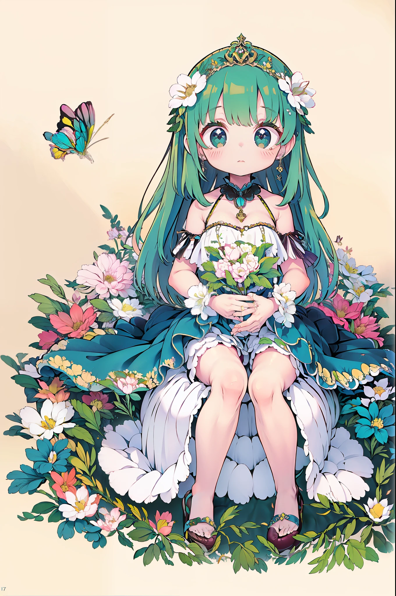 A goddess of flowers. Everything covered in flowers, Rest on his throne made of branches and plants in the middle of a spring garden.. She is extremely beautiful and her skin is clear and fine., Her eyes are innocent and sweet